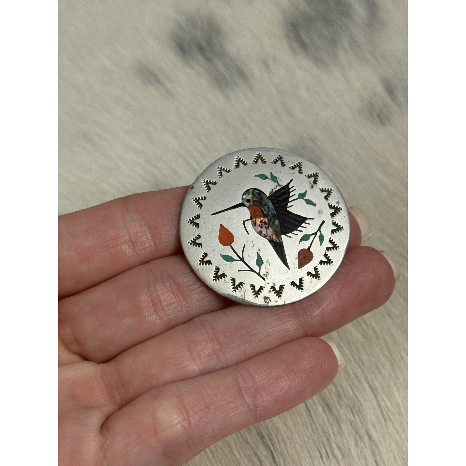 Native American Sterling Silver Boyd Turquoise Coral Opal Hummingbird Pendant